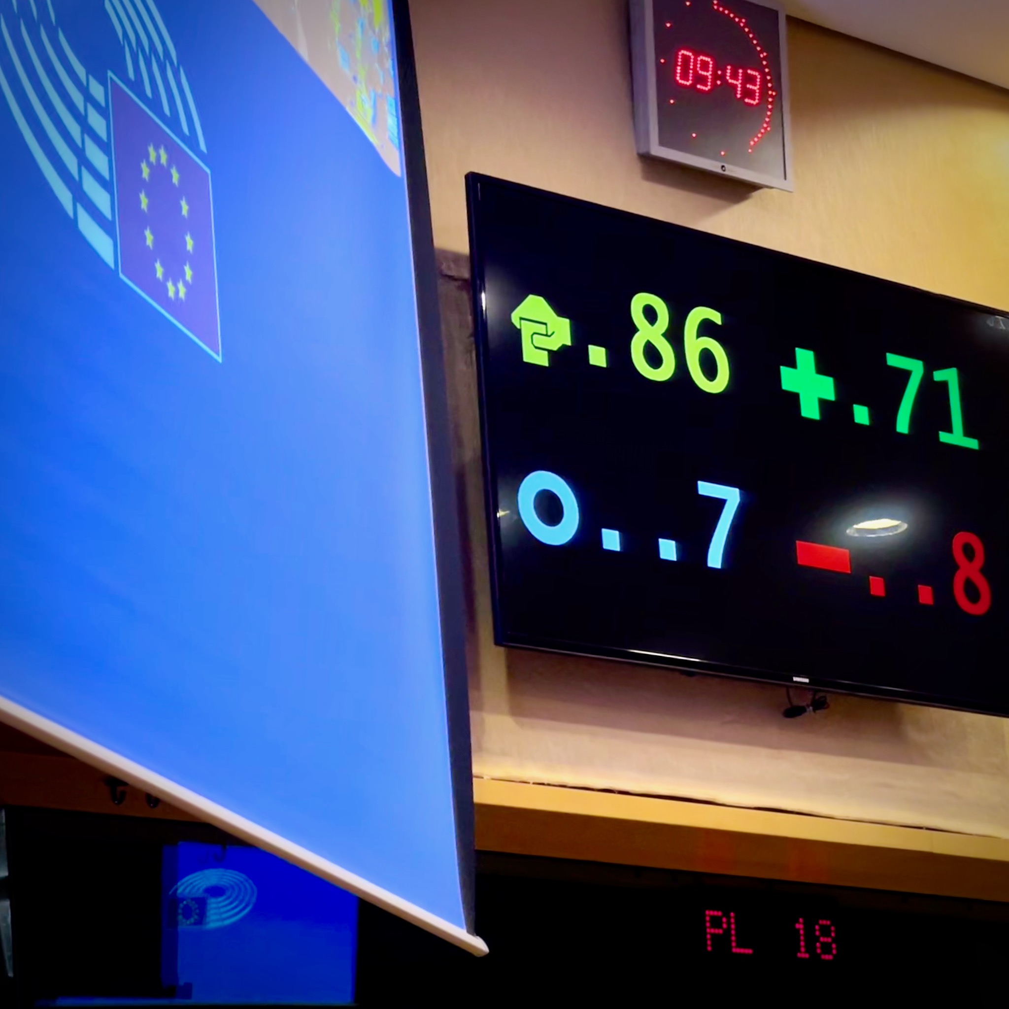 A display in the European Parliament shows the result of the vote on 13/February 2024 in the joint IMCO-LIBE committee that was in the lead for the AI Act dossier. It reads 86 voices count, 71 in favour, 8 against, 7 abstained.