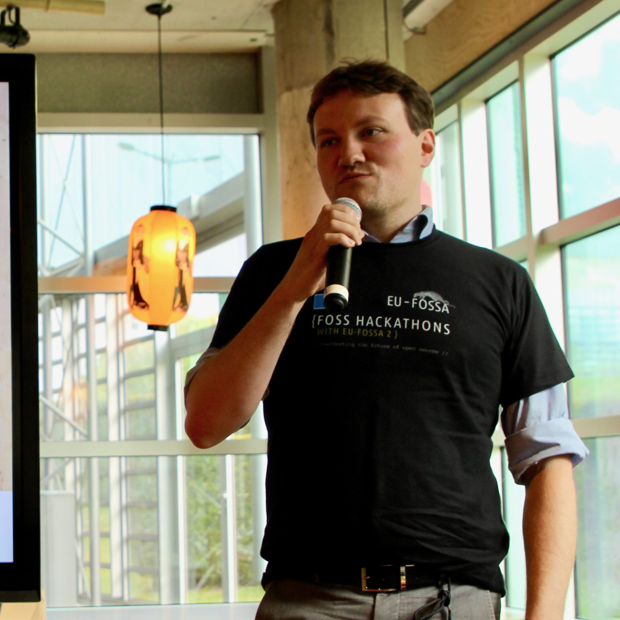 Sebastian Raible speaking at the EU-FOSSA 2 Hackathon, 2019